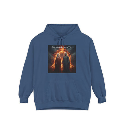 Hoodie - "Aging Is Sacred Fire" Fantasy Cloaked Figures Fire Portal Graphic Hoodie