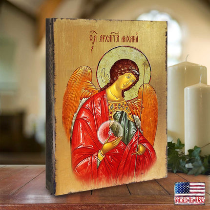 Archangel Michael Wooden Gold Plated Religious Orthodox Sacred Icon - Inspirational Icon Decor - 85027-1