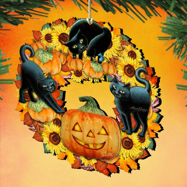 Halloween Cats Wreath Wooden Ornaments by G. DeBrekht - Thanksgiving Halloween Decor - 8185305-4-SL-0