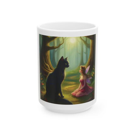 Fairy and Cat Forest Ceramic Mug — Enchanted Woodland Tea Coffee Cup (11oz, 15oz)