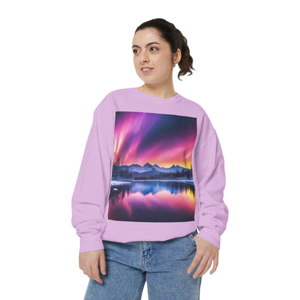 Aurora Lake Crewneck Sweatshirt — Colorful Northern Lights Landscape