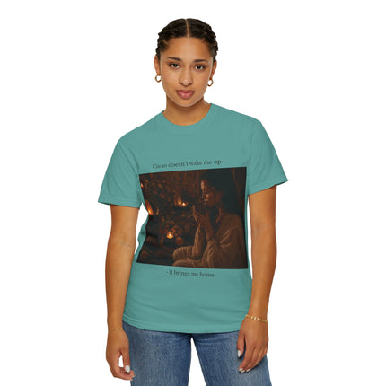 Cacao Doesn't Wake Me Up T-Shirt — Cozy Candlelit Illustration Tee