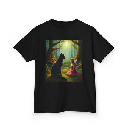 Enchanted Forest Kids Tee – Magical Fairy & Black Cat Design