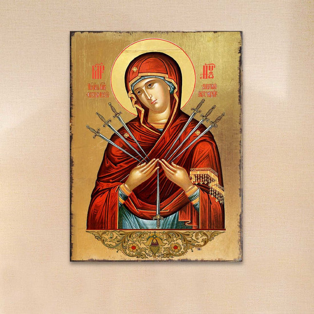 Virgin Mary of the Seven Swords Wooden Gold Plated Religious Christian Sacred Icon - Inspirational Icon Decor - 85037-0