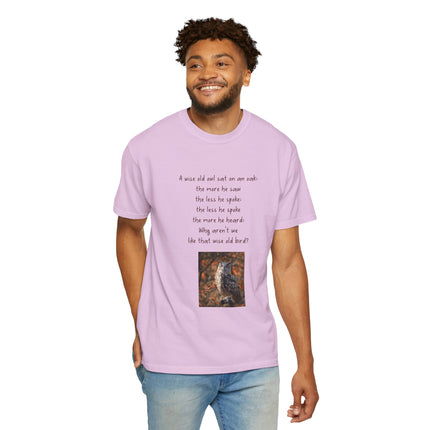 Poem & Owl Graphic T‑Shirt — 'A wise old owl...' Nature Poetry Tee
