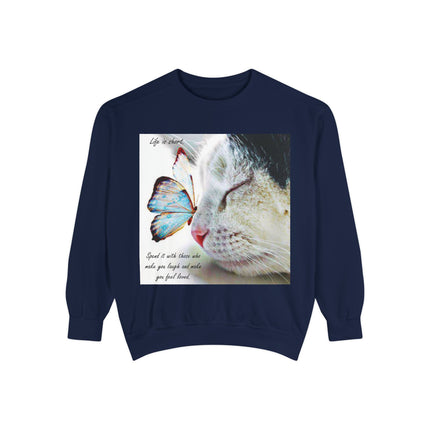 Life is Short Cat & Butterfly Unisex Garment-Dyed Sweatshirt