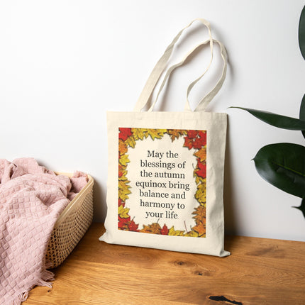 Autumn Equinox Blessings Tote Bag — Fall Leaves Canvas Shopper