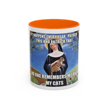 Saint with Cats Coffee Mug – "No One Remembers Me and My Cats" Accent Mug