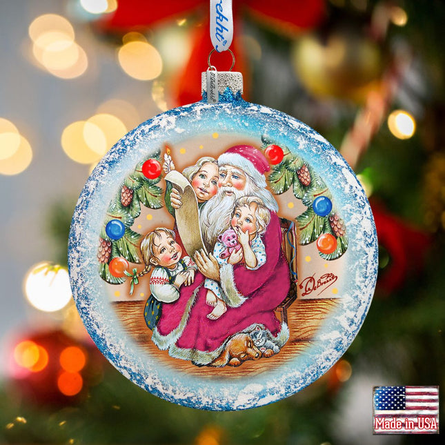 Santa List Circle Glass Ornament by G. DeBrekht - Christmas Santa Snowman Decor - 744-011-0