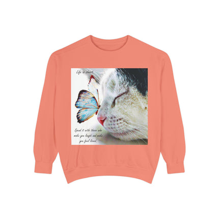 Life is Short Cat & Butterfly Unisex Garment-Dyed Sweatshirt
