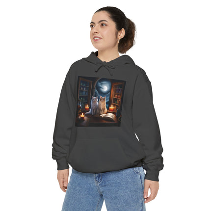 Mystic Cat Library Hoodie — Moonlit Cats, Candles & Spellbook Graphic Hoodie