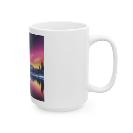 Aurora Lake Ceramic Mug — Northern Lights Landscape Coffee Cup (11oz & 15oz)