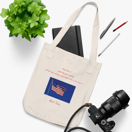 Organic Canvas Tote – Mark Twain Quote with Patriotic Flag Design