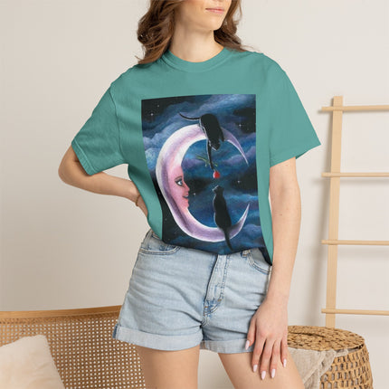 Moonlight Cats Graphic T‑Shirt — Romantic Crescent Moon Art Tee