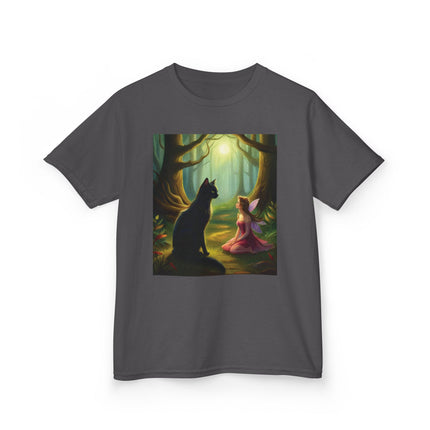 Enchanted Forest Kids Tee – Magical Fairy & Black Cat Design