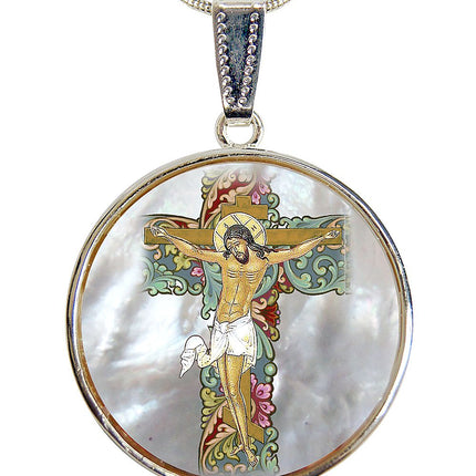 Jesus Cross Silver-Plated Mother of Pearl Necklace Jewelry - 43030-2