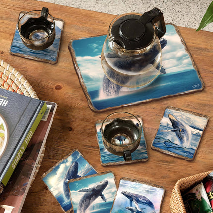 Humpback Whale Wooden Cork Placemat and Coasters Gift Set of 7 by Nature Wonders Nature Wildlife Decor  - 85403C-S7-1
