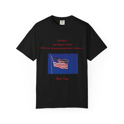 Patriotic Unisex Garment-Dyed T-Shirt with American Flag – Quote by Mark Twain