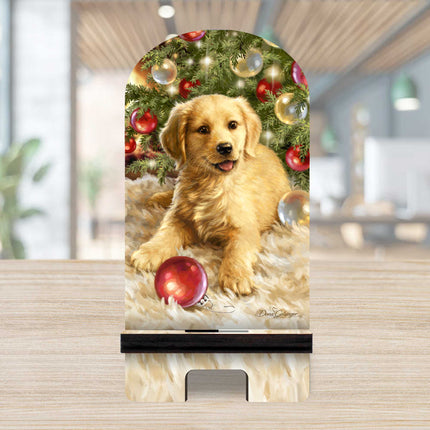 Christmas Puppy Cell Phone Stand Pet Décor Wood Mobile Tablet Holder Charging Station Organizer - 892075-DG-2