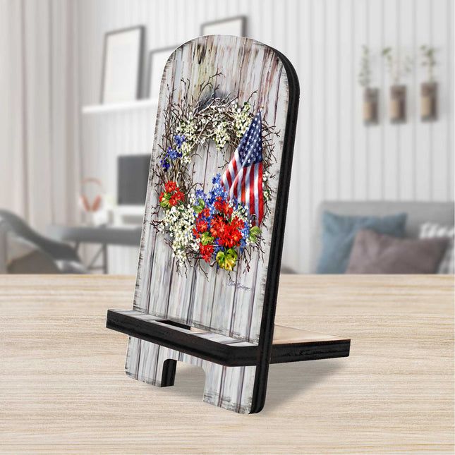 American Wreath Cell Phone Stand Wood Mobile Tablet Holder Charging Station Organizer - 892098-DG-0