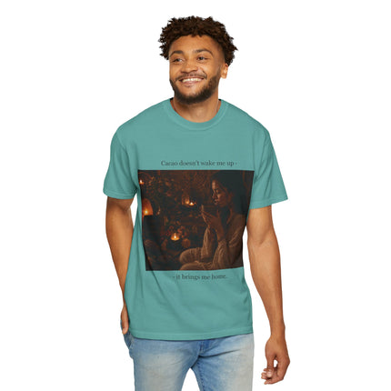 Cacao Doesn't Wake Me Up T-Shirt — Cozy Candlelit Illustration Tee