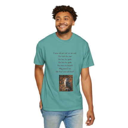 Poem & Owl Graphic T‑Shirt — 'A wise old owl...' Nature Poetry Tee
