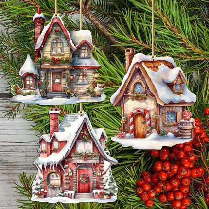 Christmas Houses Decorative Wooden Ornaments Set of 3 by G. Debrekht - Christmas Decor - 8091024-S3-2