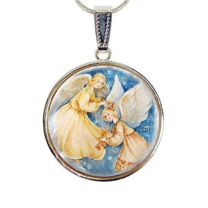 Angels Watching Over Silver Plated Mother of Pearl Jewelry Necklace - 43046-1