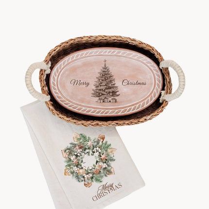 Bread Warmer & Basket Gift Set with Tea Towel - Christmas Tree Oval-0