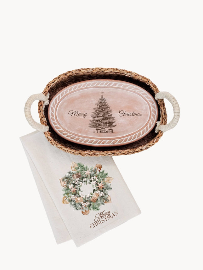 Bread Warmer & Basket Gift Set with Tea Towel - Christmas Tree Oval-0