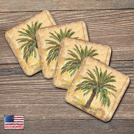 Palm Tree Coastal Wooden Cork Coasters Gift Set of 4 by Nature Wonders - Coastal Sea-Life Decor - 8198630C-S4-0