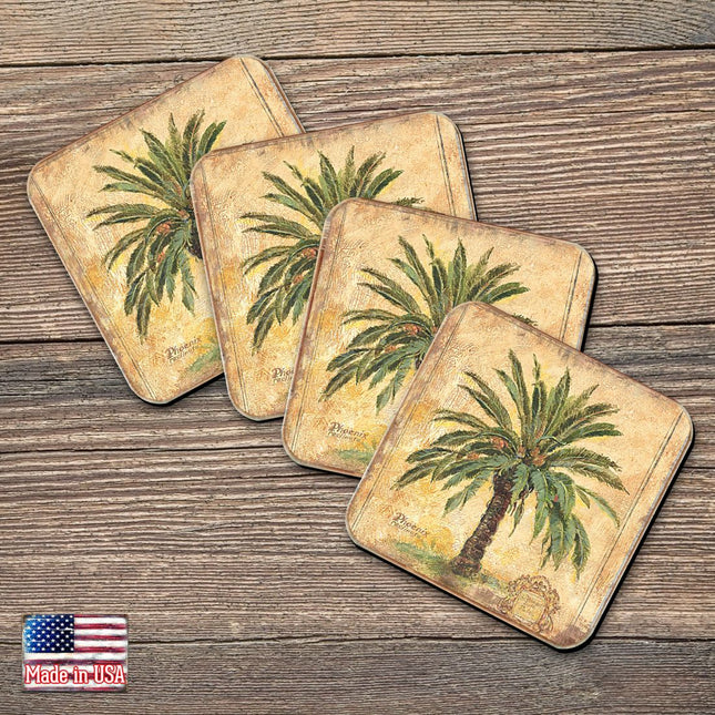 Palm Tree Coastal Wooden Cork Coasters Gift Set of 4 by Nature Wonders - Coastal Sea-Life Decor - 8198630C-S4-0