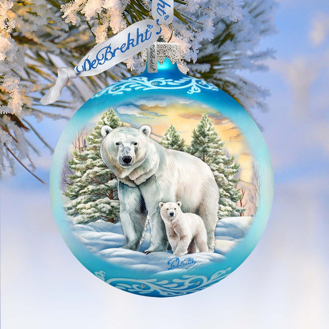 Polar Bear with Cub Ball Glass Ornament by G. Debrekht - Wildlife Holiday Decor - 73386-0