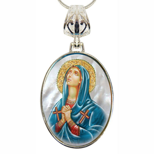 Virgin Mary Praying Silver Plated Mother of Pearl Necklace - 43014-0