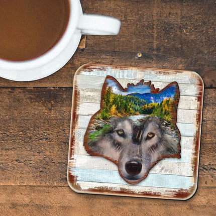 Wolf Face Wooden Cork Coasters Gift Set of 4 by Nature Wonders - Nature Wildlife Decor  - 8198227-4-9C-S4-3