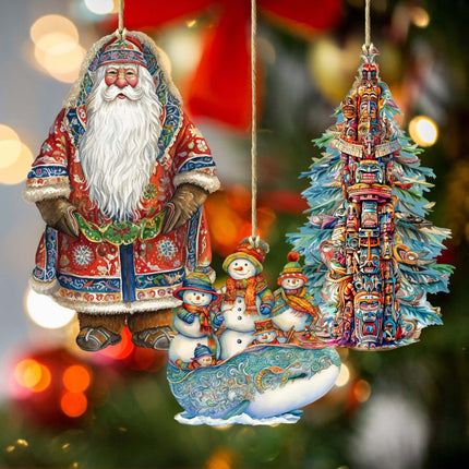 Santas Around the World - Alaskan Inspired Santa - Wooden Ornaments Set of 3 by G. DeBrekht Christmas Santa Snowman Decor - 8091314S3-1