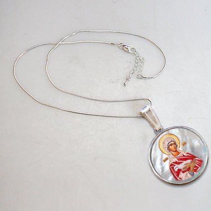 Icon of The Virgin Mary Silver Plated Mother of Pearl Necklace Jewelry - 43025-2