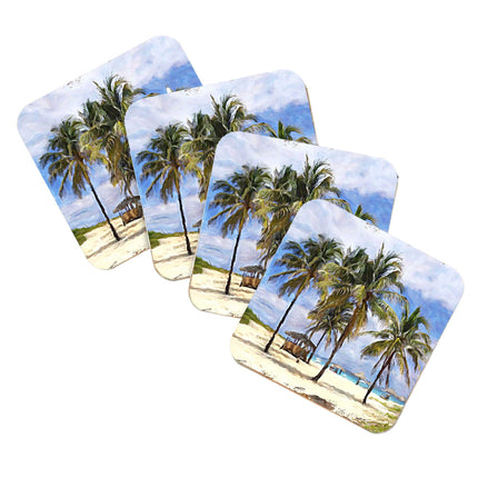 Palm Trees Beach Coastal Wooden Cork Coasters Gift Set of 4 by Nature Wonders - Coastal Sea-Life Decor - 95258C-S4-4