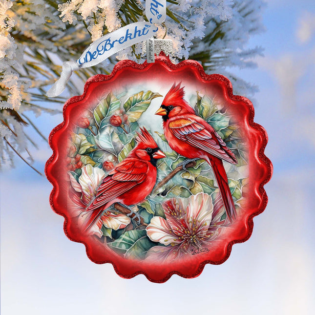 Cardinals Wreath Glass Ornament by G. Debrekht - Wildlife Holiday Decor - 759-052-0