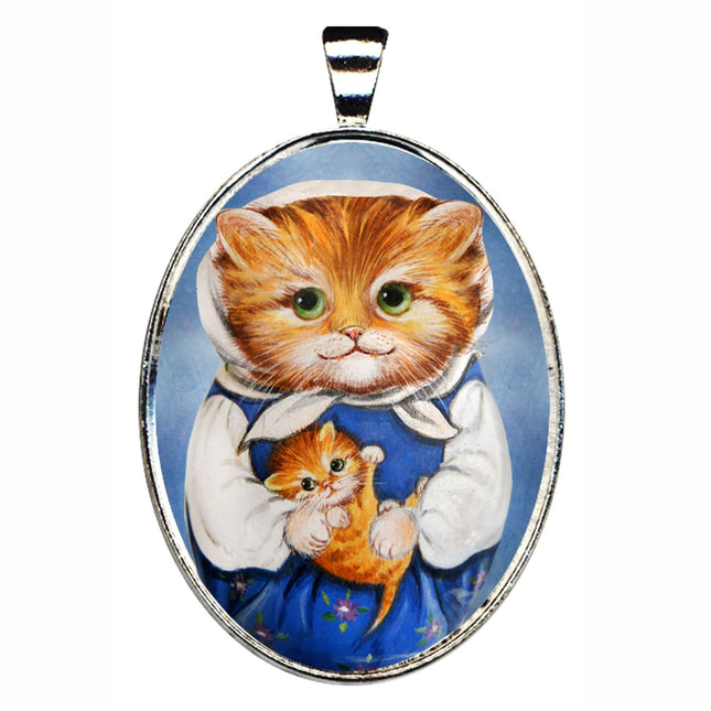 Mother Cat Silver Plated Mother of Pearl Jewelry Pendant Necklace - 44039O-0