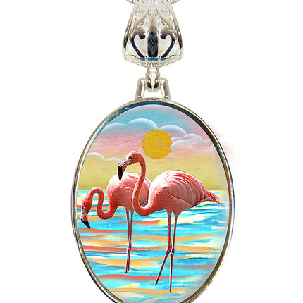 Flamingos Silver Plated Mother of Pearl Jewelry Pendant Necklace Coastal - 44046-0
