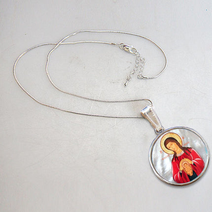 Blessed Virgin Mary Patron Silver Plated Mother of Pearl Jewelry Necklace - 43017-2