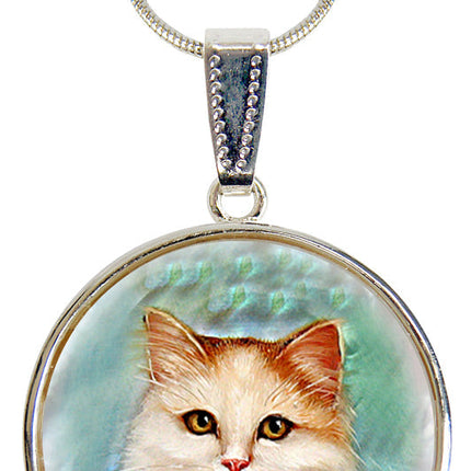 Tabby Cat Silver Plated Mother of Pearl Jewelry Pendant Necklace - 44015-1