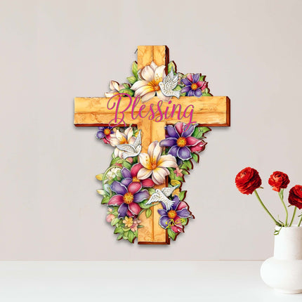Floral Dove Blessing Wooden Cross by G. Debrekht - Easter Spring Decor - 88163-1