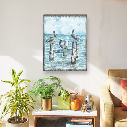Waiting for a Catch Pelicans Wooden Coastal Wall Art by Nature Wonders - Coastal Sea-Life Decor - 95252-5B-4