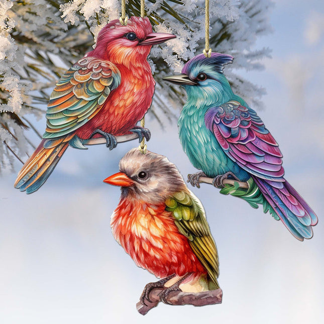 Colorful Birds Decorative Wooden Ornaments of 3 by G. Debrekht - Wildlife Decor - 8091003-S3-0