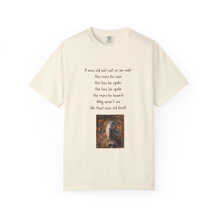 Poem & Owl Graphic T‑Shirt — 'A wise old owl...' Nature Poetry Tee