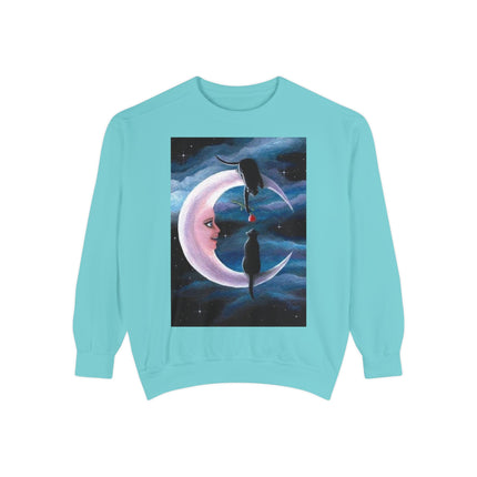 Moonlit Cats Sweatshirt —Whimsical Crescent Moon & Black Cat Graphic