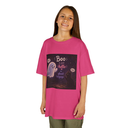Kids Halloween Tee — "Boo: Hello Ghost Language" Cute Ghost Shirt