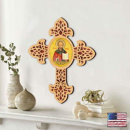 Saint Nicholas Pointy Wooden Cross by Museum Icons - Inspirational Icon Decor - 88321-3
